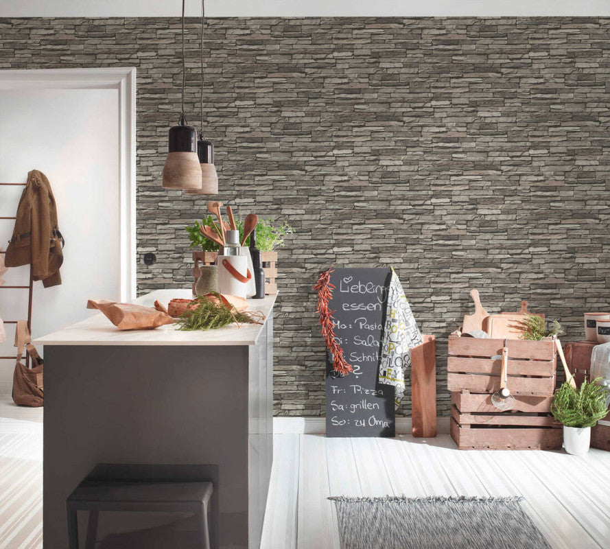 Flat Stone Wallpaper in Black/Cream/Grey
