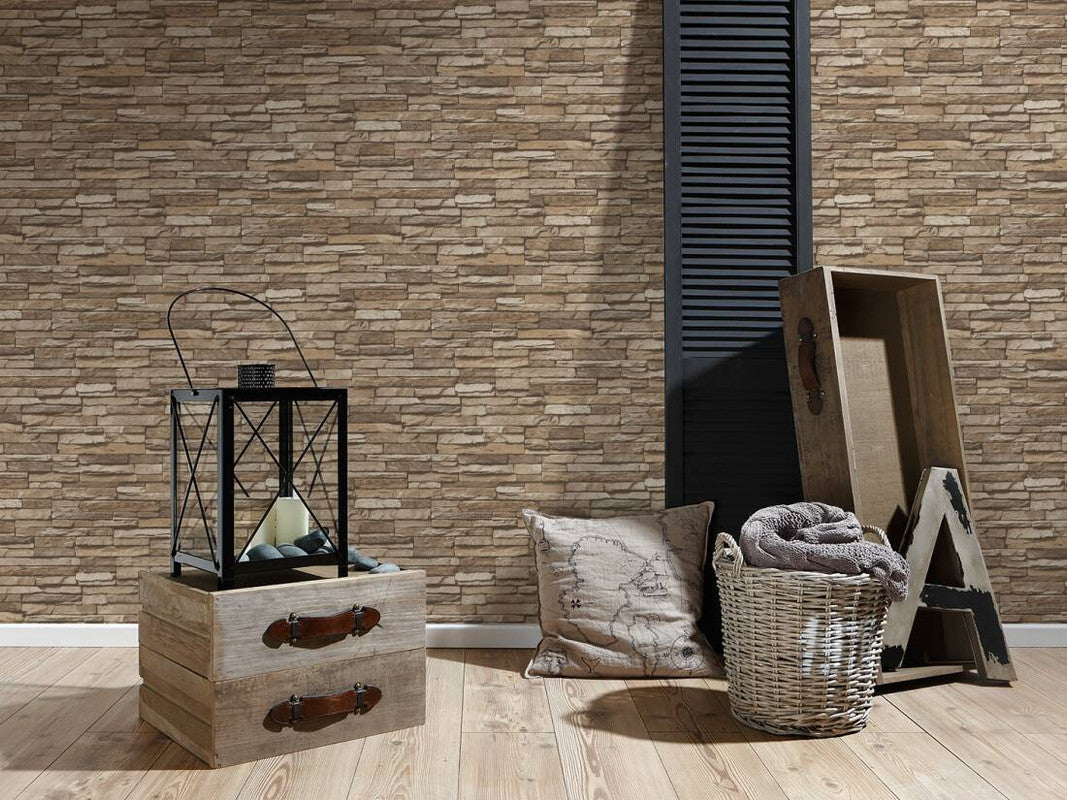 Flat Stone Wallpaper in Beige/Brown