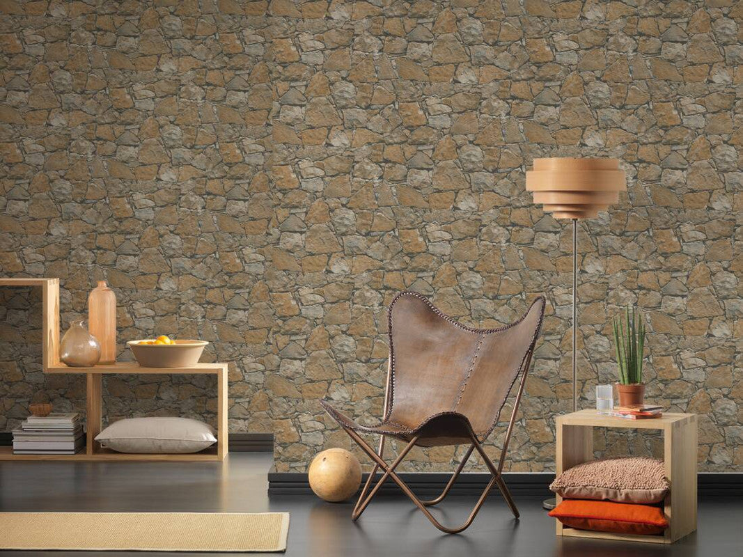 Stone Wallpaper in Beige/Brown/Black