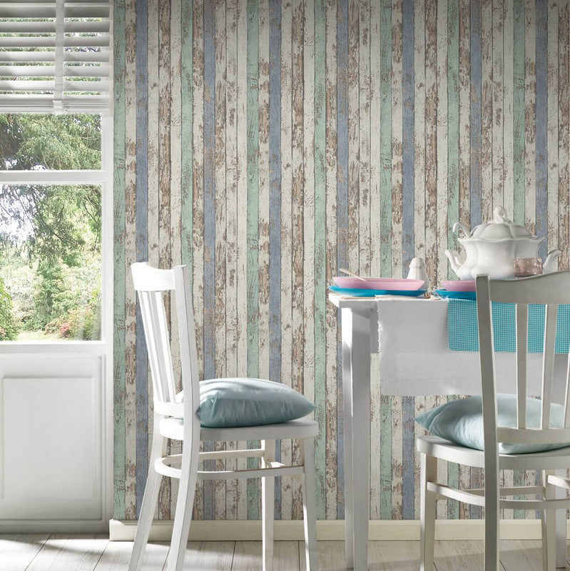 Cottage Wood Wallpaper in Blue/Brown/White