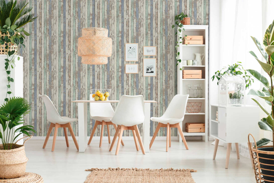 Cottage Wood Wallpaper in Blue/Brown/White