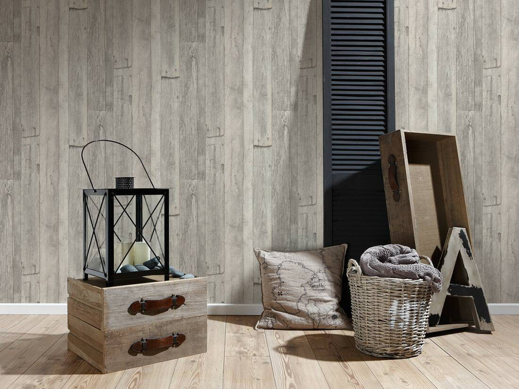 Cottage Wood Wallpaper in Beige/Cream/Grey