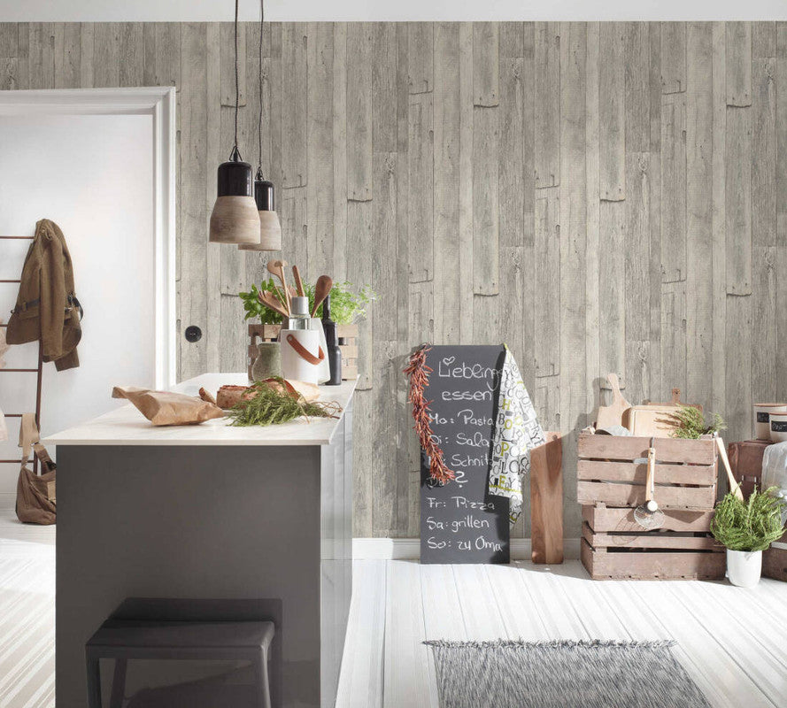 Cottage Wood Wallpaper in Beige/Cream/Grey