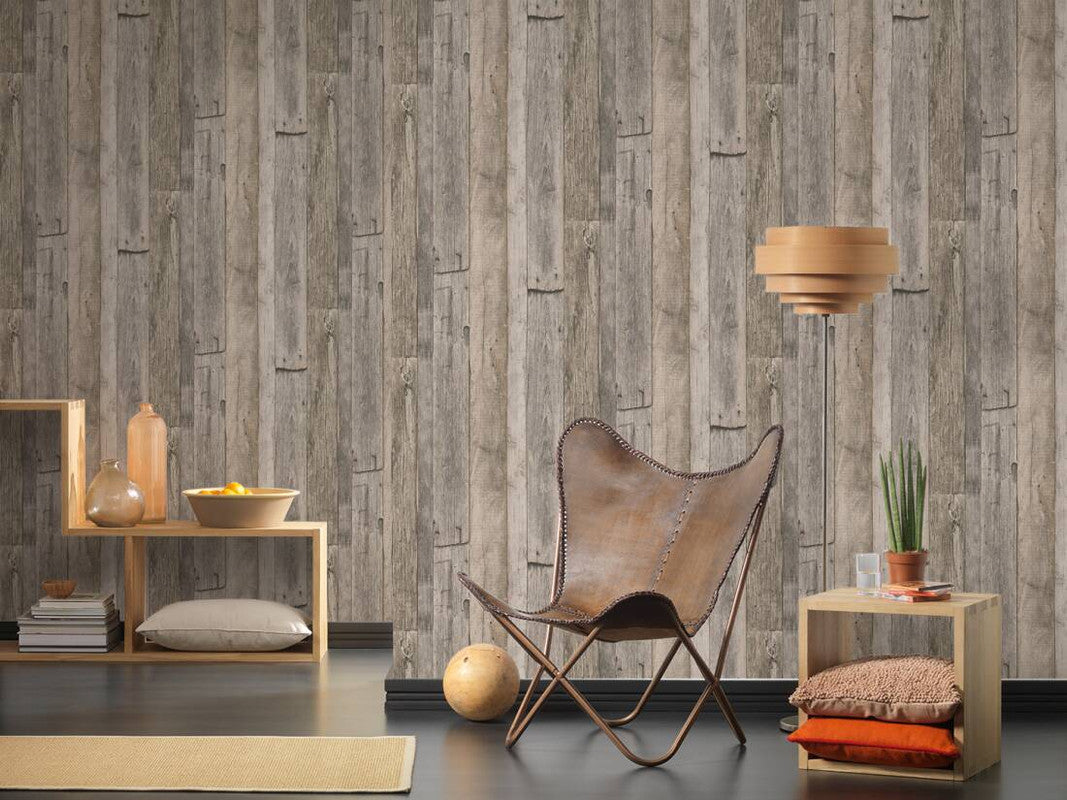 Cottage Wood Wallpaper in Beige/Black/Cream