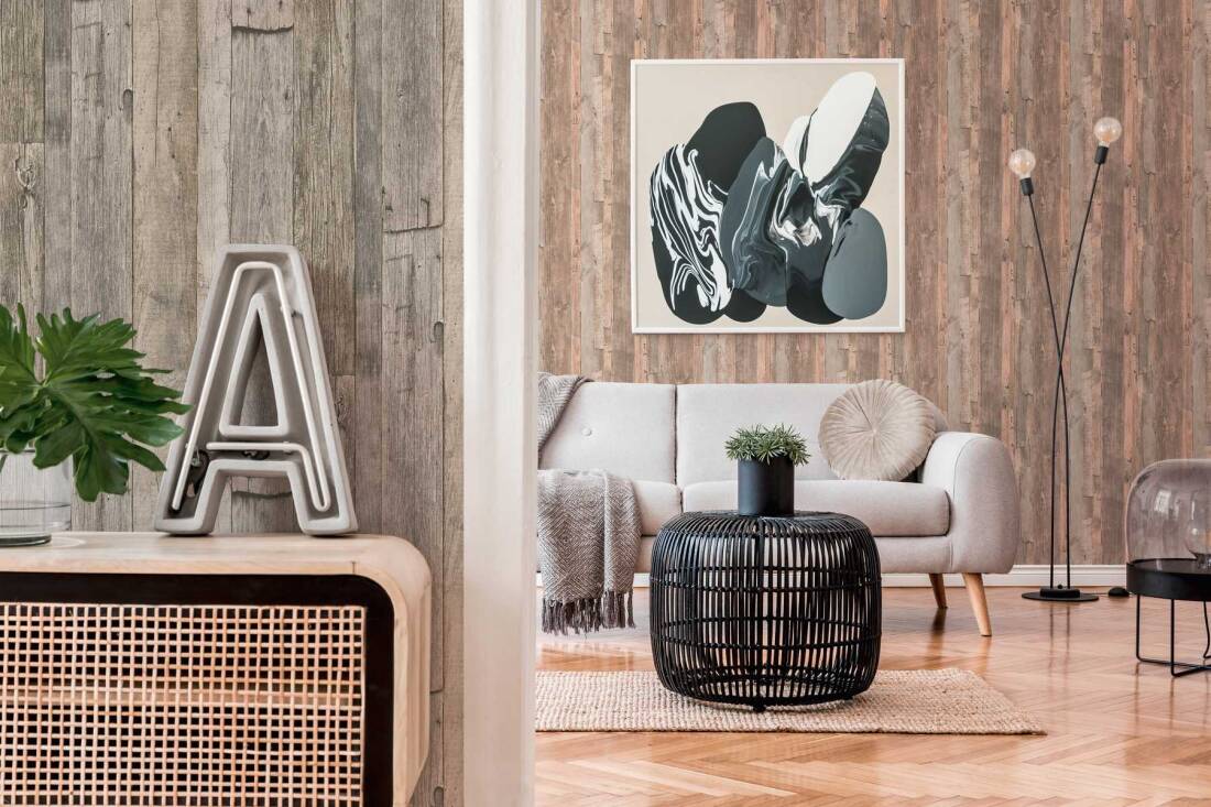 Cottage Wood Wallpaper in Beige/Black/Cream
