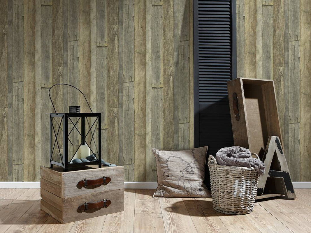Cottage Wood Wallpaper in Brown/Cream/Yellow