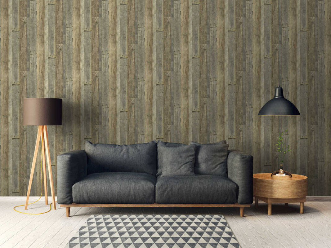Cottage Wood Wallpaper in Brown/Cream/Yellow