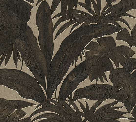 Jungle Palm Leaves Textured Wallpaper in Brown/Cream by Versace Home