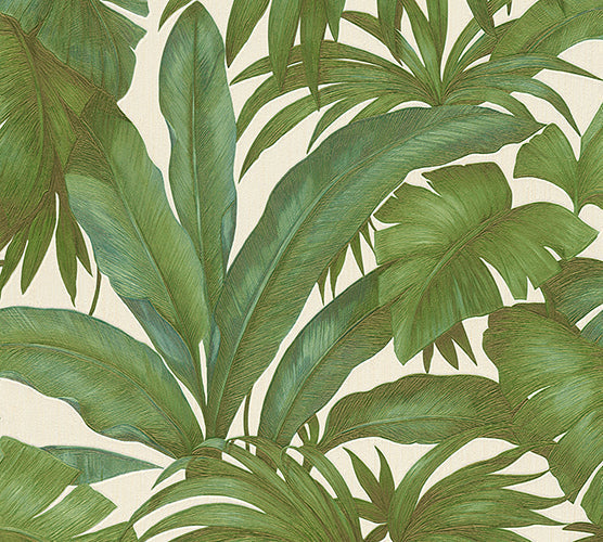 Jungle Palm Leaves Textured Wallpaper in Cream/Green by Versace Home