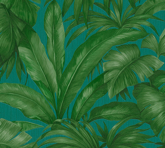 Jungle Palm Leaves Textured Wallpaper in Blue/Green by Versace Home