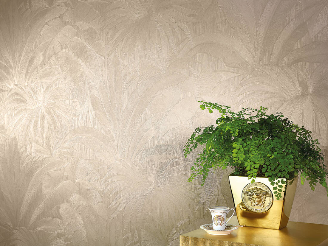 Jungle Palm Leaves Textured Wallpaper in Cream from the Versace V Collection
