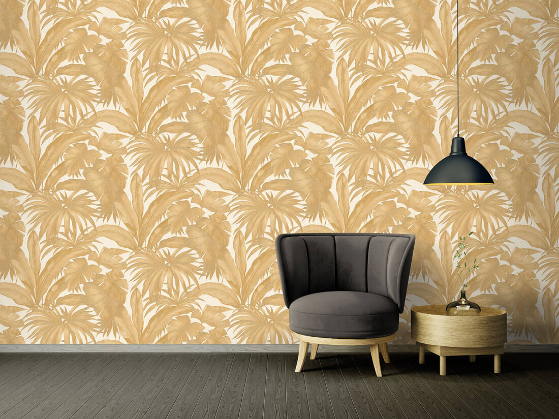 Jungle Palm Leaves Textured Wallpaper in Cream/Gold from the Versace V Collection