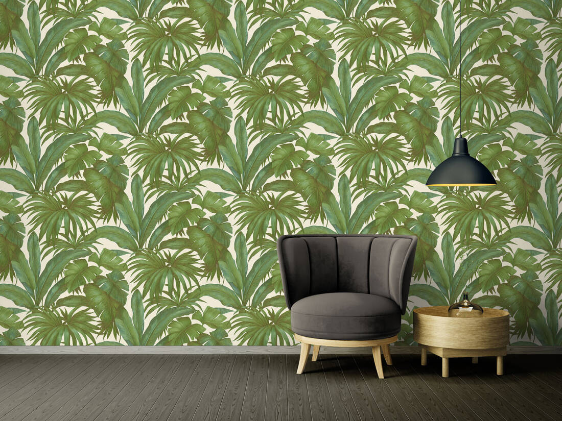 Jungle Palm Leaves Textured Wallpaper in Cream/Green from the Versace V Collection