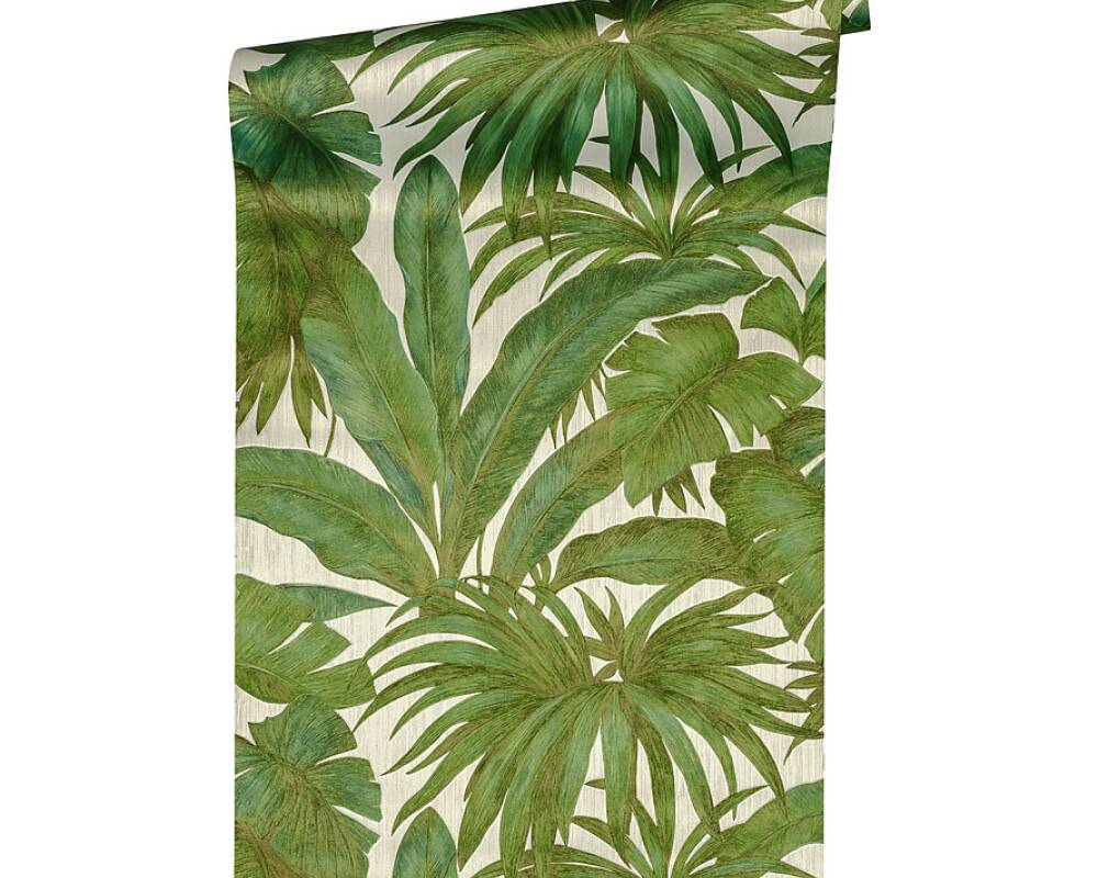 Jungle Palm Leaves Textured Wallpaper in Cream/Green from the Versace V Collection
