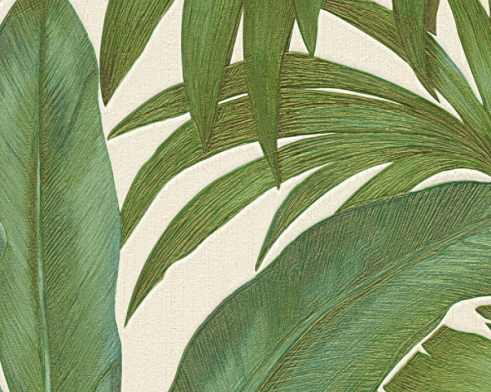 Jungle Palm Leaves Textured Wallpaper in Cream/Green from the Versace V Collection