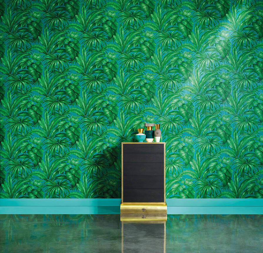 Jungle Palm Leaves Textured Wallpaper in Blue/Green from the Versace V Collection