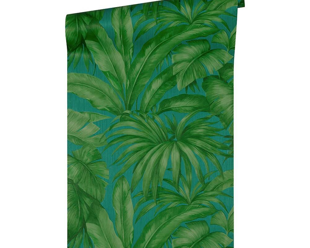 Jungle Palm Leaves Textured Wallpaper in Blue/Green from the Versace V Collection