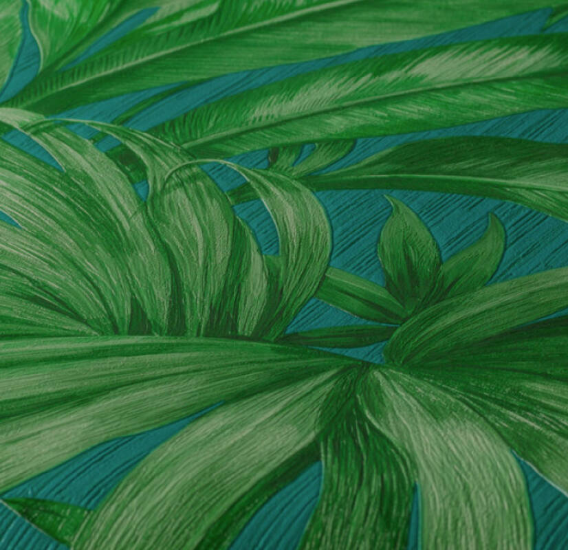 Jungle Palm Leaves Textured Wallpaper in Blue/Green from the Versace V Collection