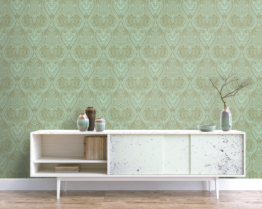 Lace  Wallpaper in Green/Rose Gold