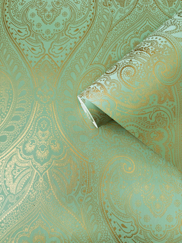 Lace  Wallpaper in Green/Rose Gold