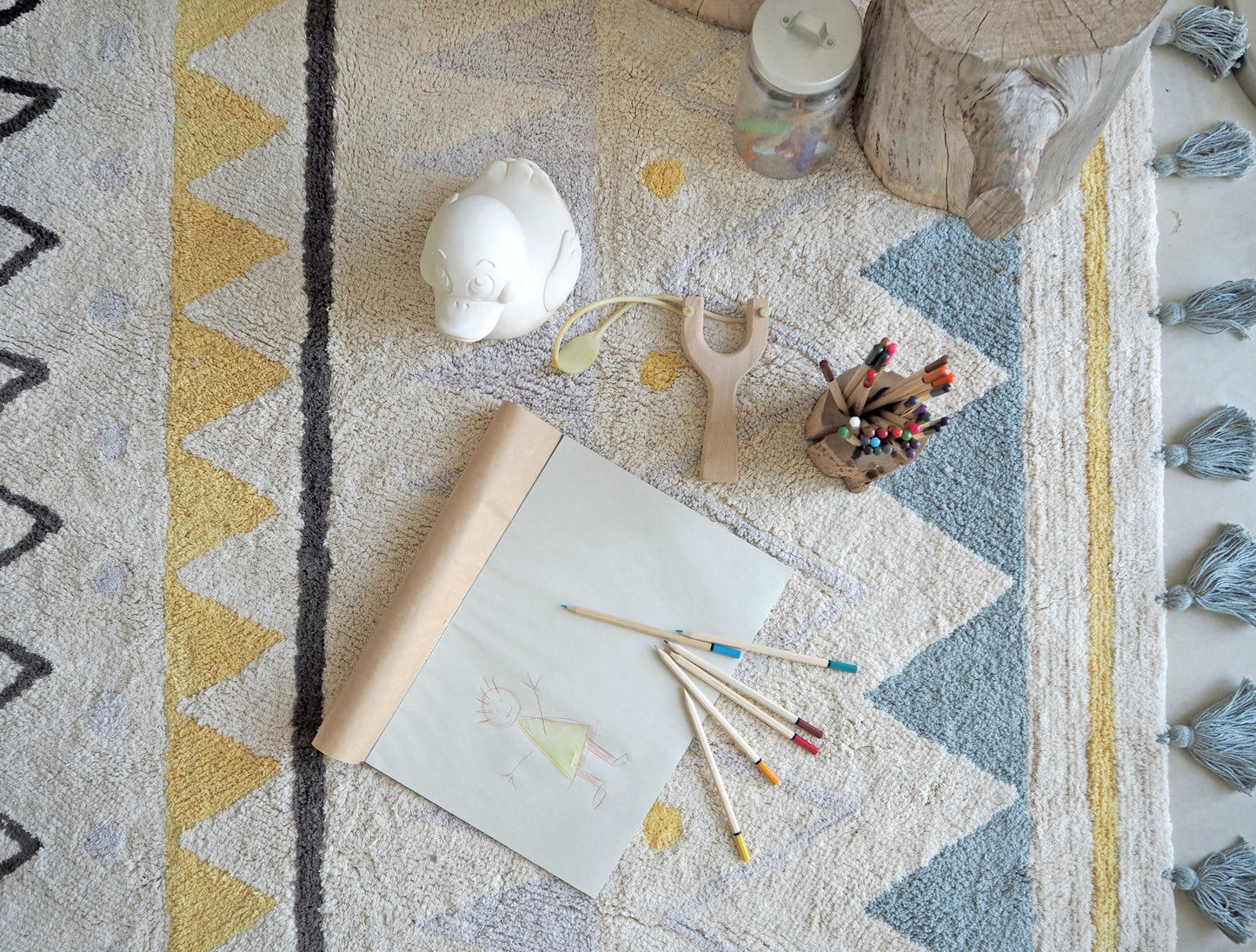 Azteca Natural Rug in Vintage Blue design by Lorena Canals