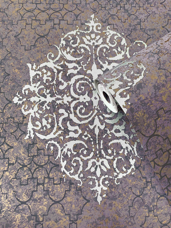 Damask Mottled Wallpaper in Silver Grey/Lilac
