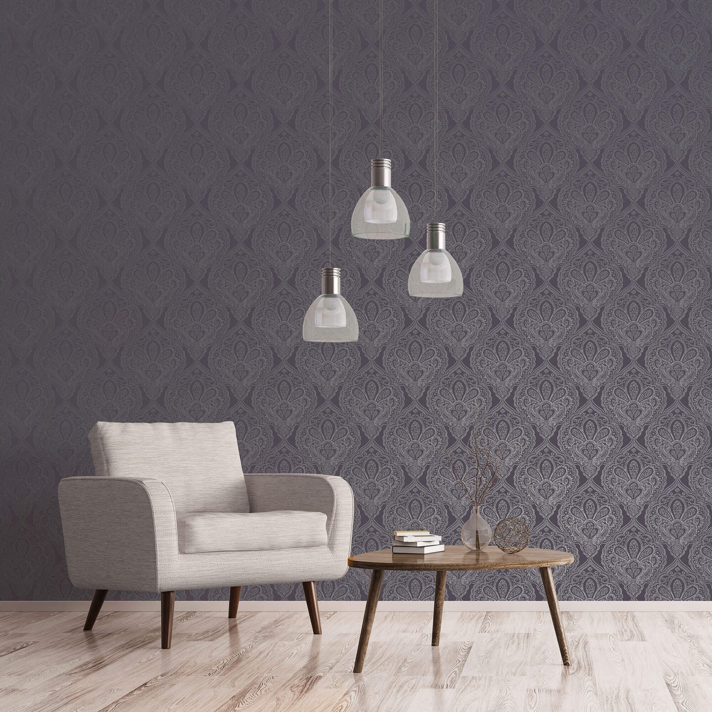 Mehndi Damask Purple/Silver from the Emporium Collection by Galerie Wallcoverings