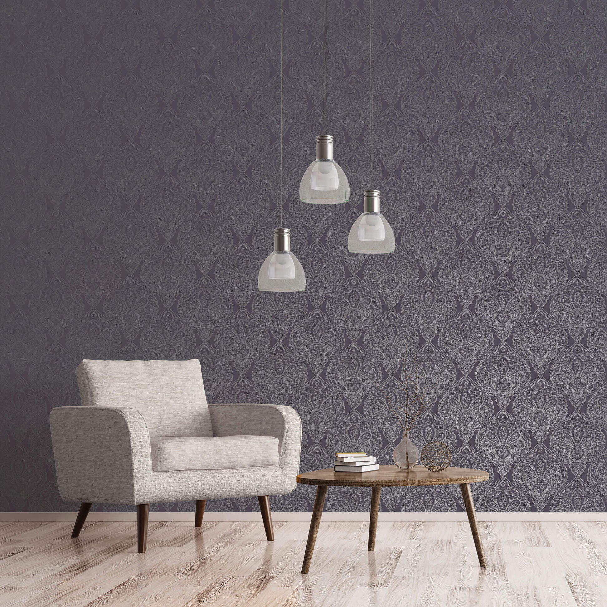 Mehndi Damask Purple/Silver from the Emporium Collection by Galerie Wallcoverings