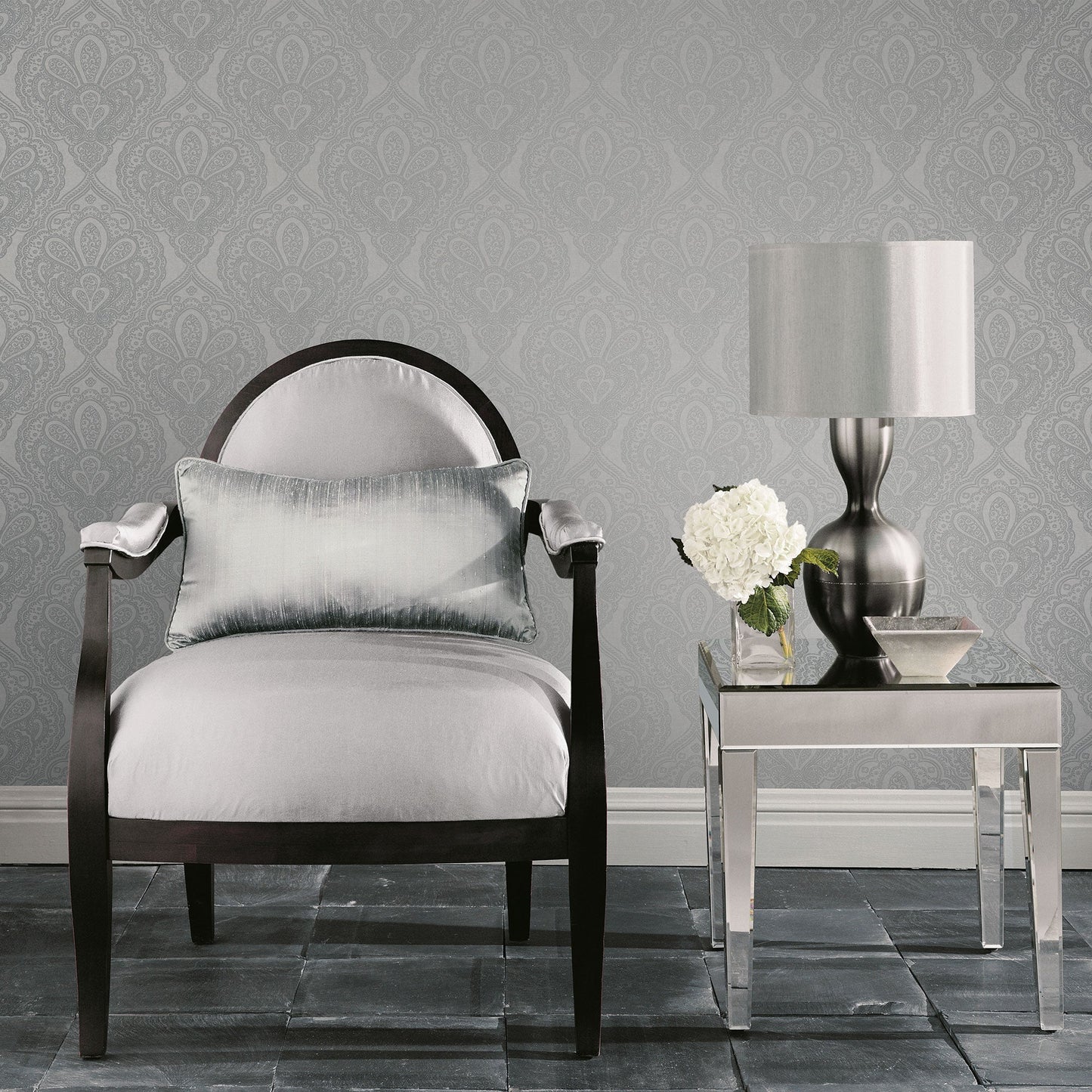 Mehndi Damask Silver from the Emporium Collection by Galerie Wallcoverings