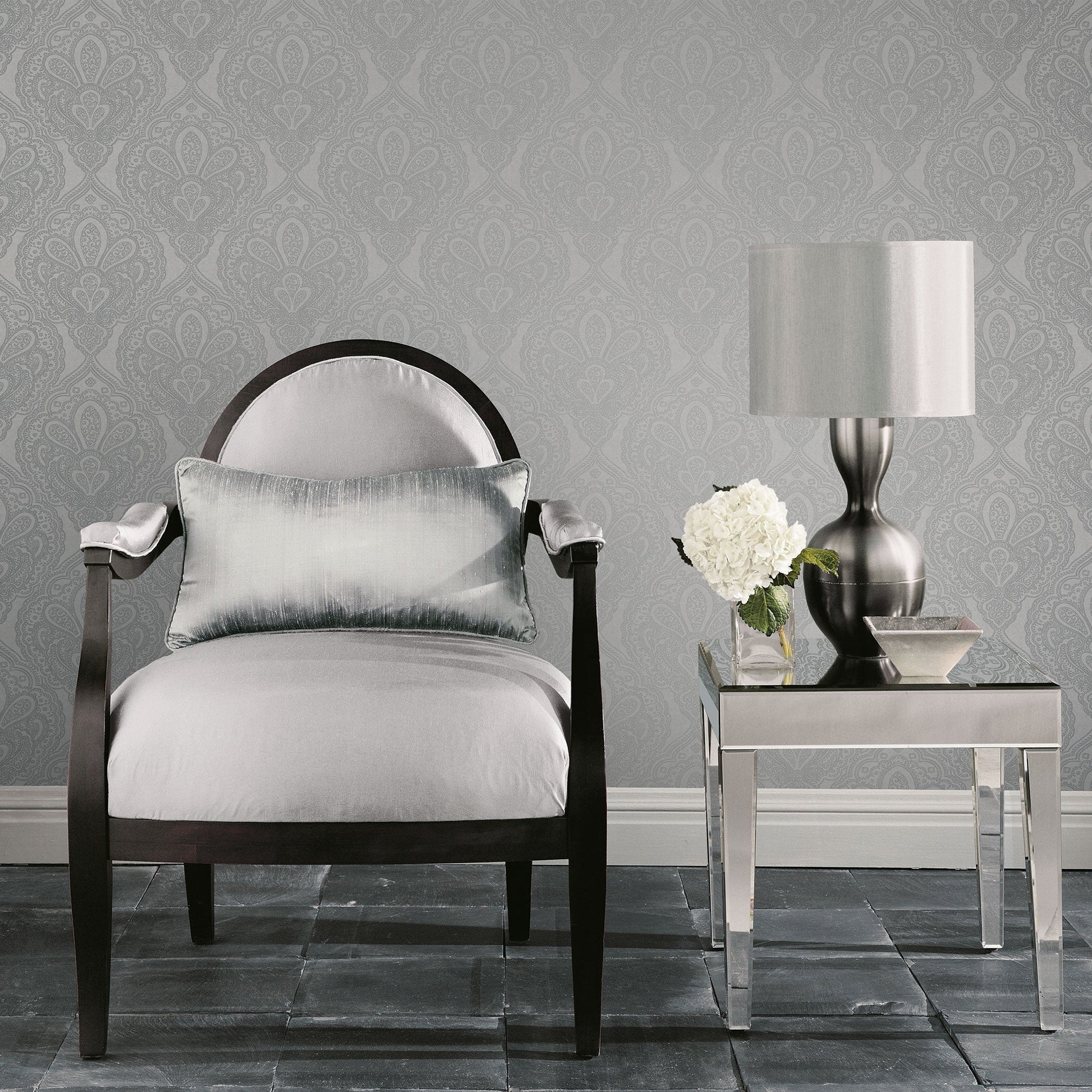 Mehndi Damask Silver from the Emporium Collection by Galerie Wallcoverings