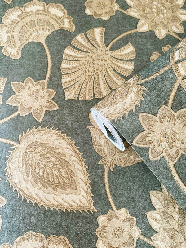 Flower Fan Wallpaper in Green/Beige