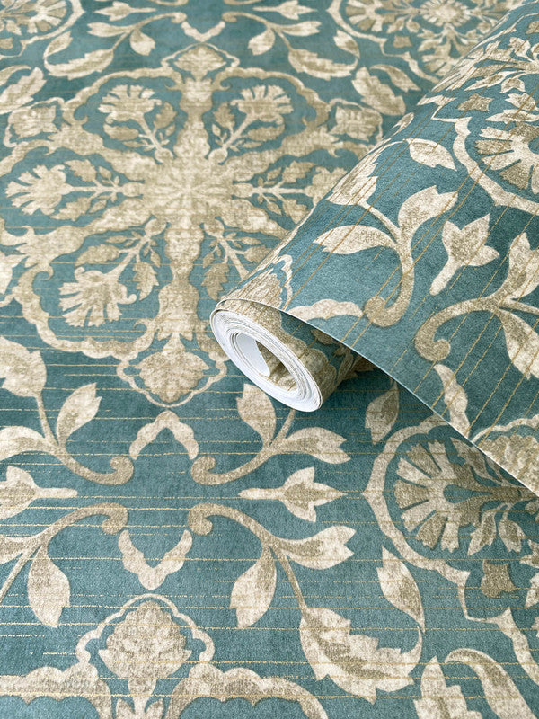 Floral Stripe Wallpaper in Green/Beige