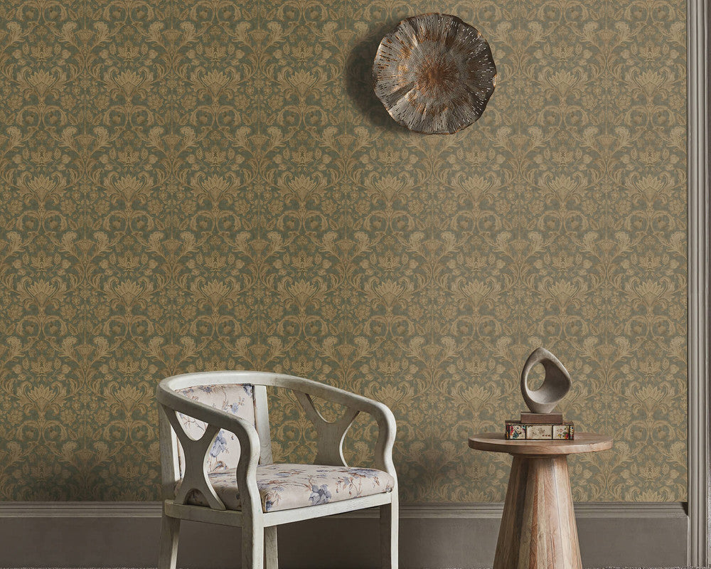 Damask Wallpaper in Green/Beige
