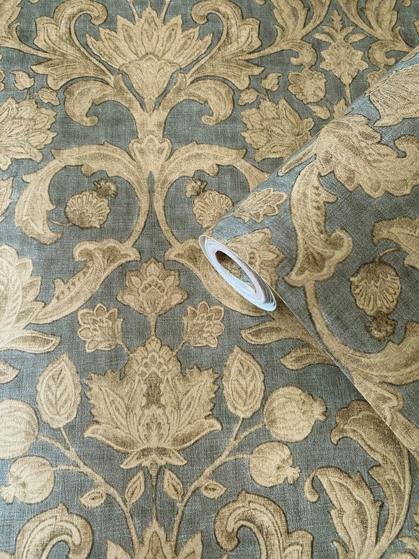 Damask Wallpaper in Green/Beige