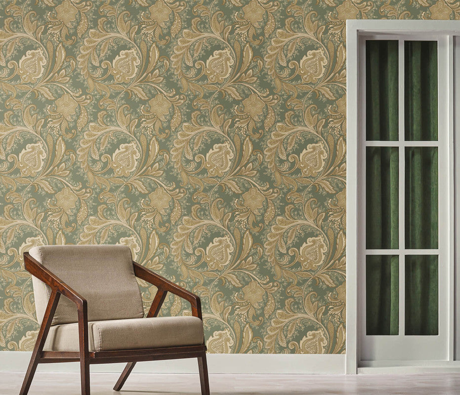 Paisley Wallpaper in Green/Beige