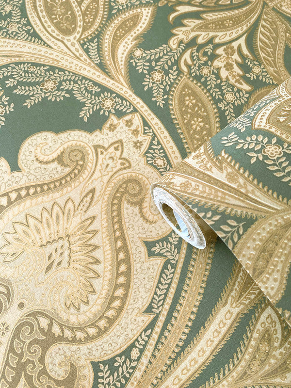 Paisley Wallpaper in Green/Beige