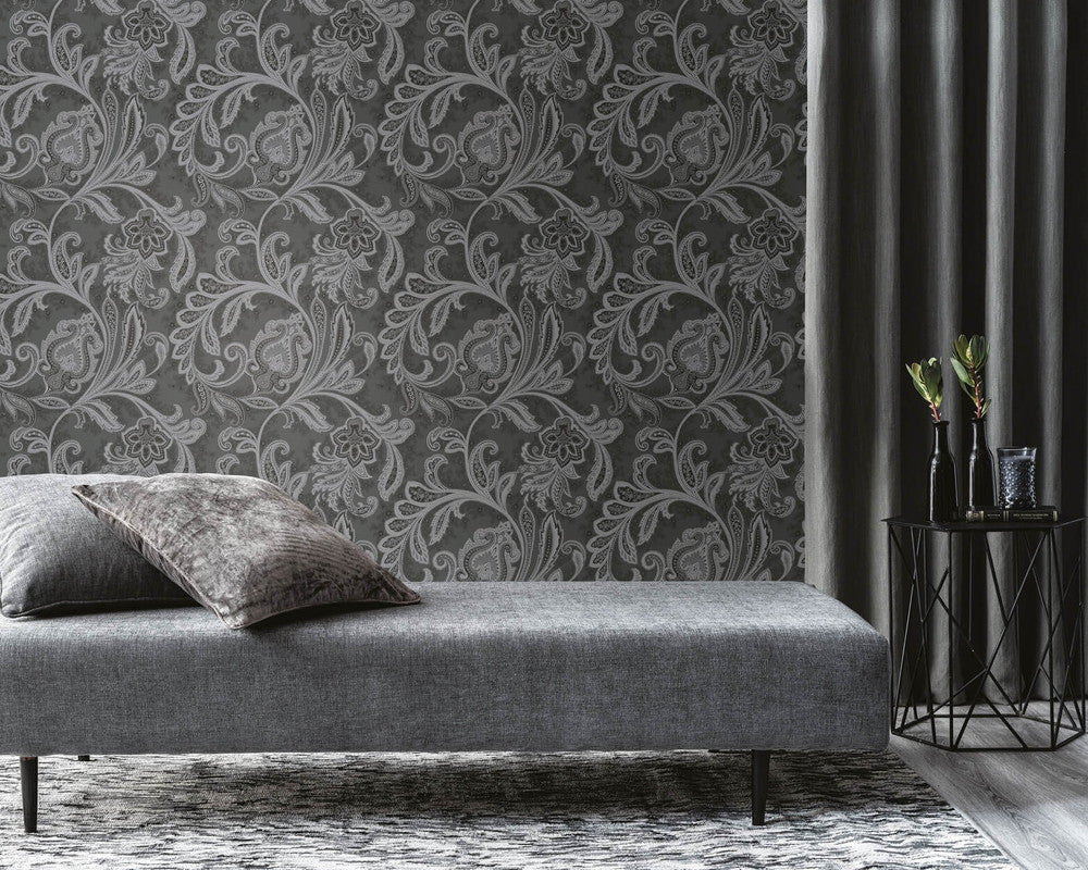 Paisley Wallpaper in Deep Silver/Grey