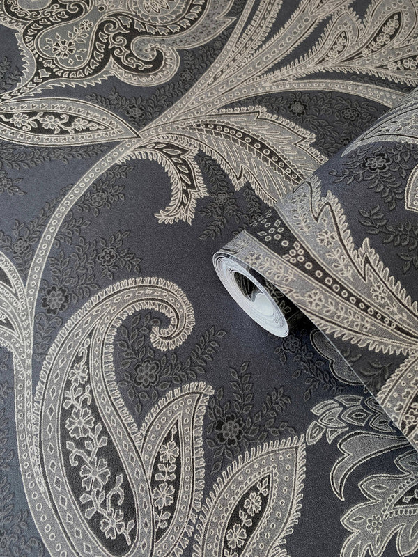 Paisley Wallpaper in Deep Silver/Grey