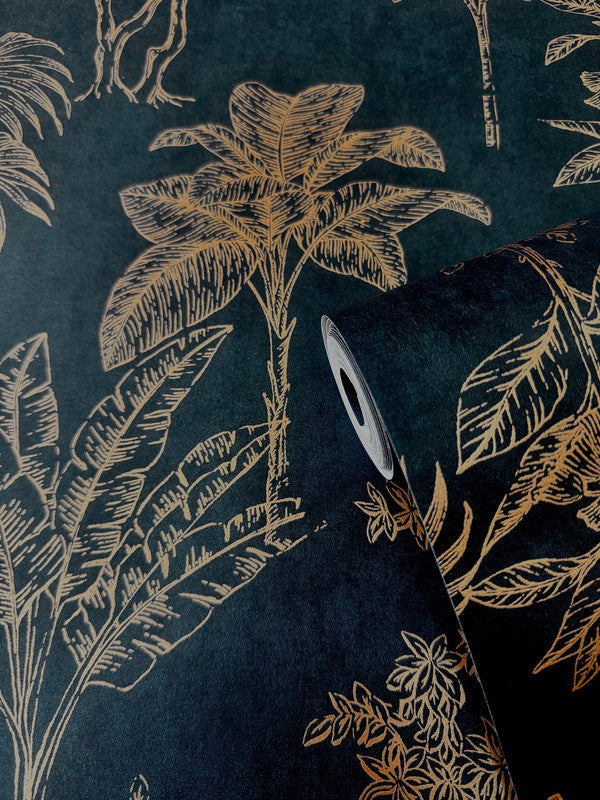 Floating Foliage Wallpaper in Rose Gold/Blue