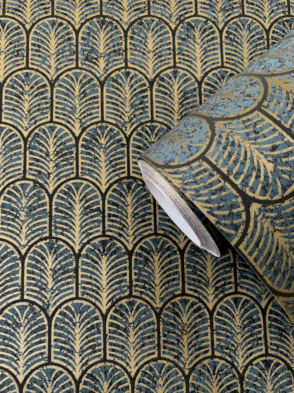 Geo Arch Art Deco Wallpaper in Gold/Blue