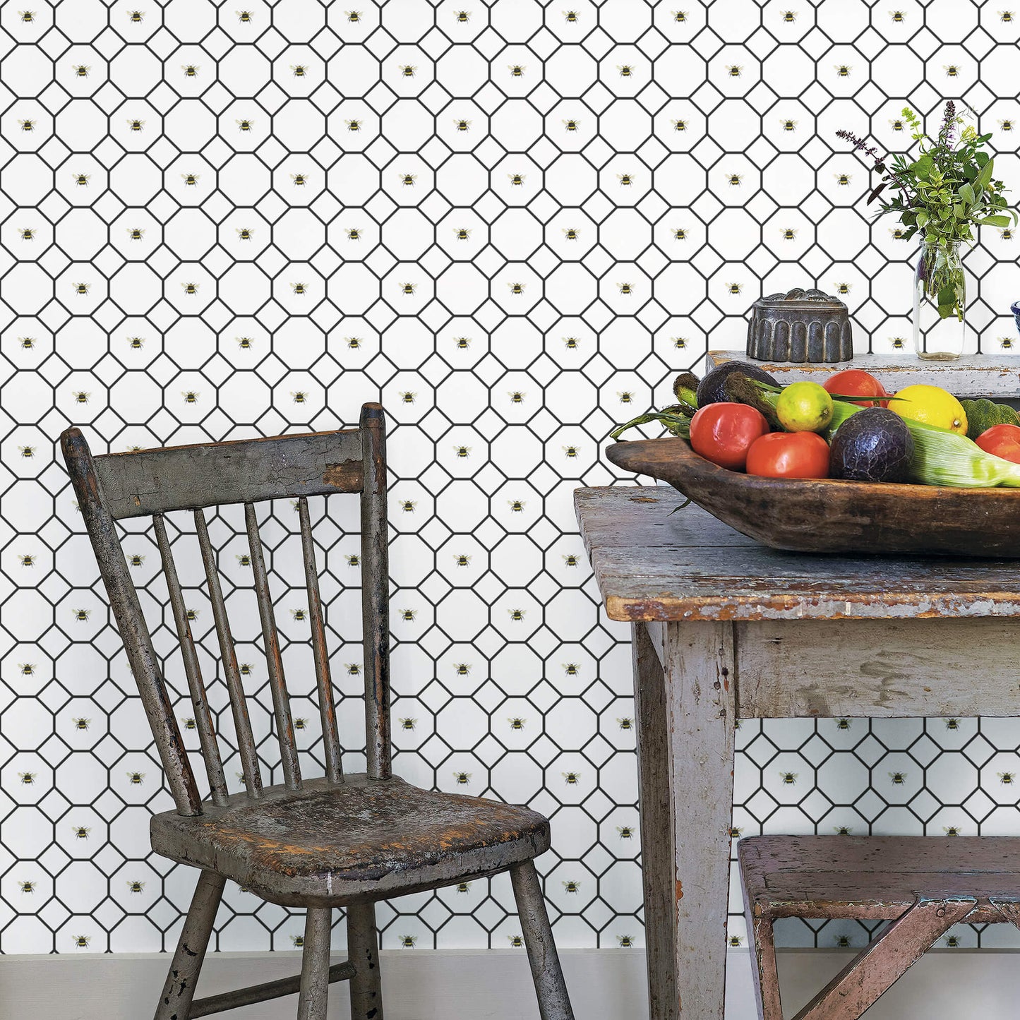Bee Hive with bees Black/White Wallpaper from the Just Kitchens Collection by Galerie Wallcoverings