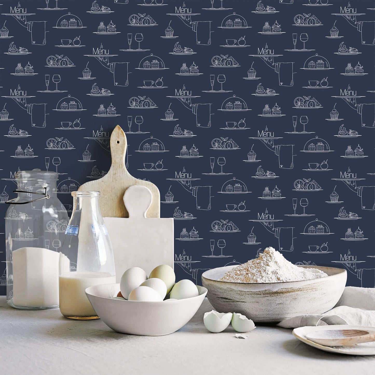 Chalkboard Menu Navy Wallpaper from the Just Kitchens Collection by Galerie Wallcoverings