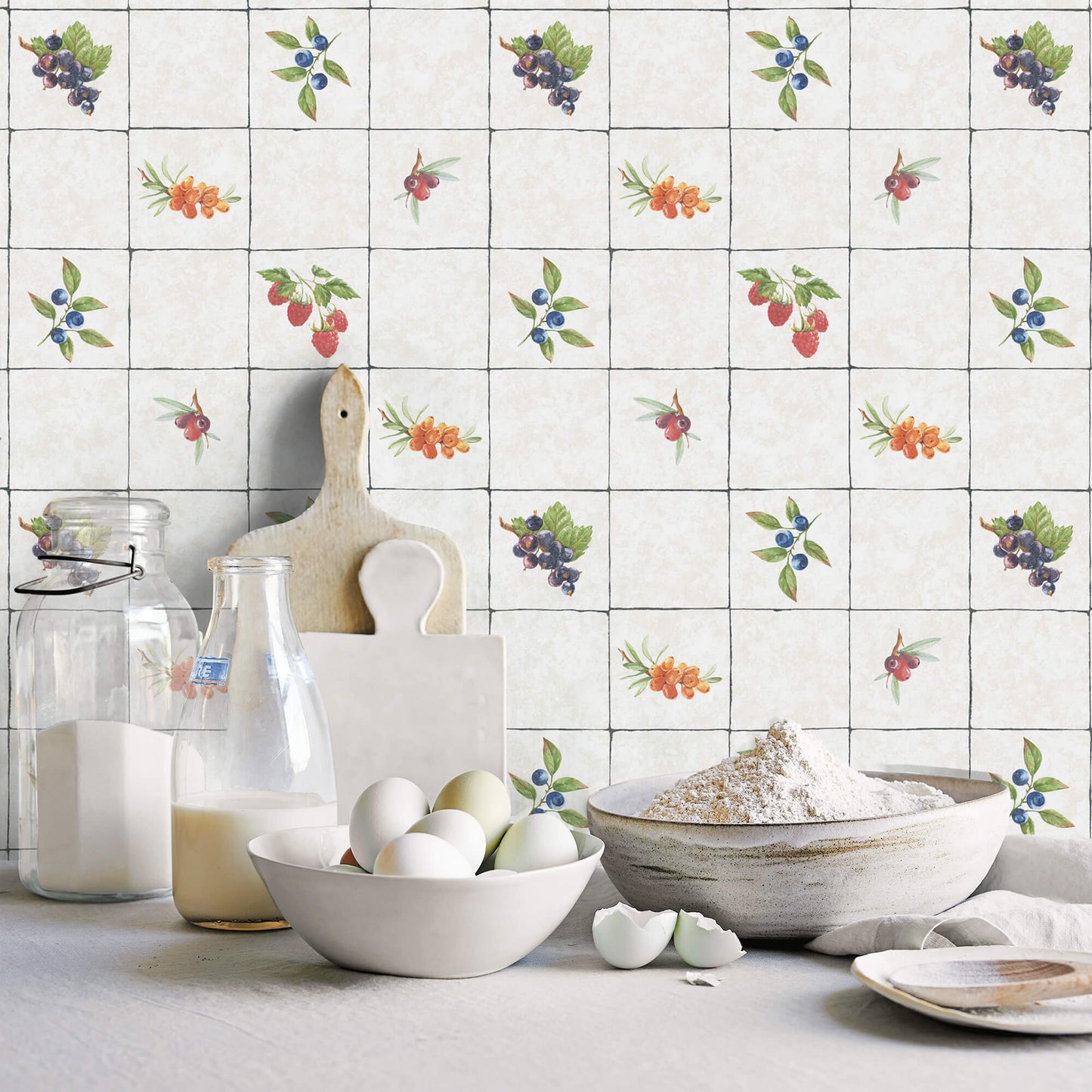 Fruit Tile Red/Blue Wallpaper from the Just Kitchens Collection by Galerie Wallcoverings