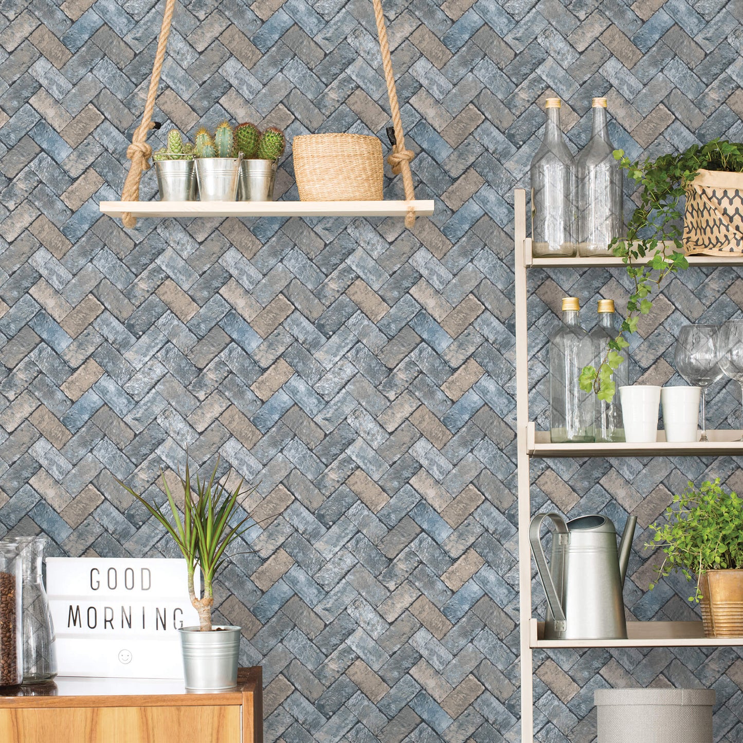 Herringbone Brick Blues/Taupe Wallpaper from the Just Kitchens Collection by Galerie Wallcoverings