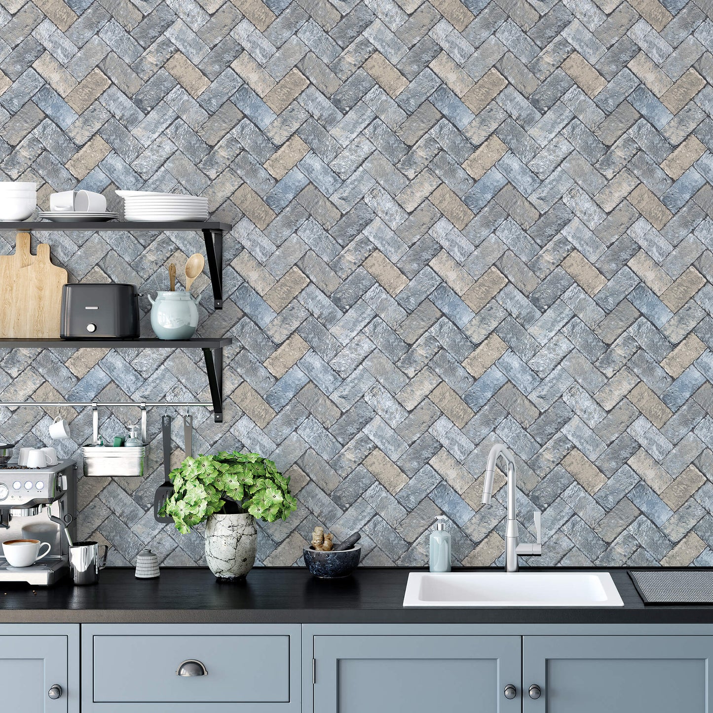 Herringbone Brick Blues/Taupe Wallpaper from the Just Kitchens Collection by Galerie Wallcoverings
