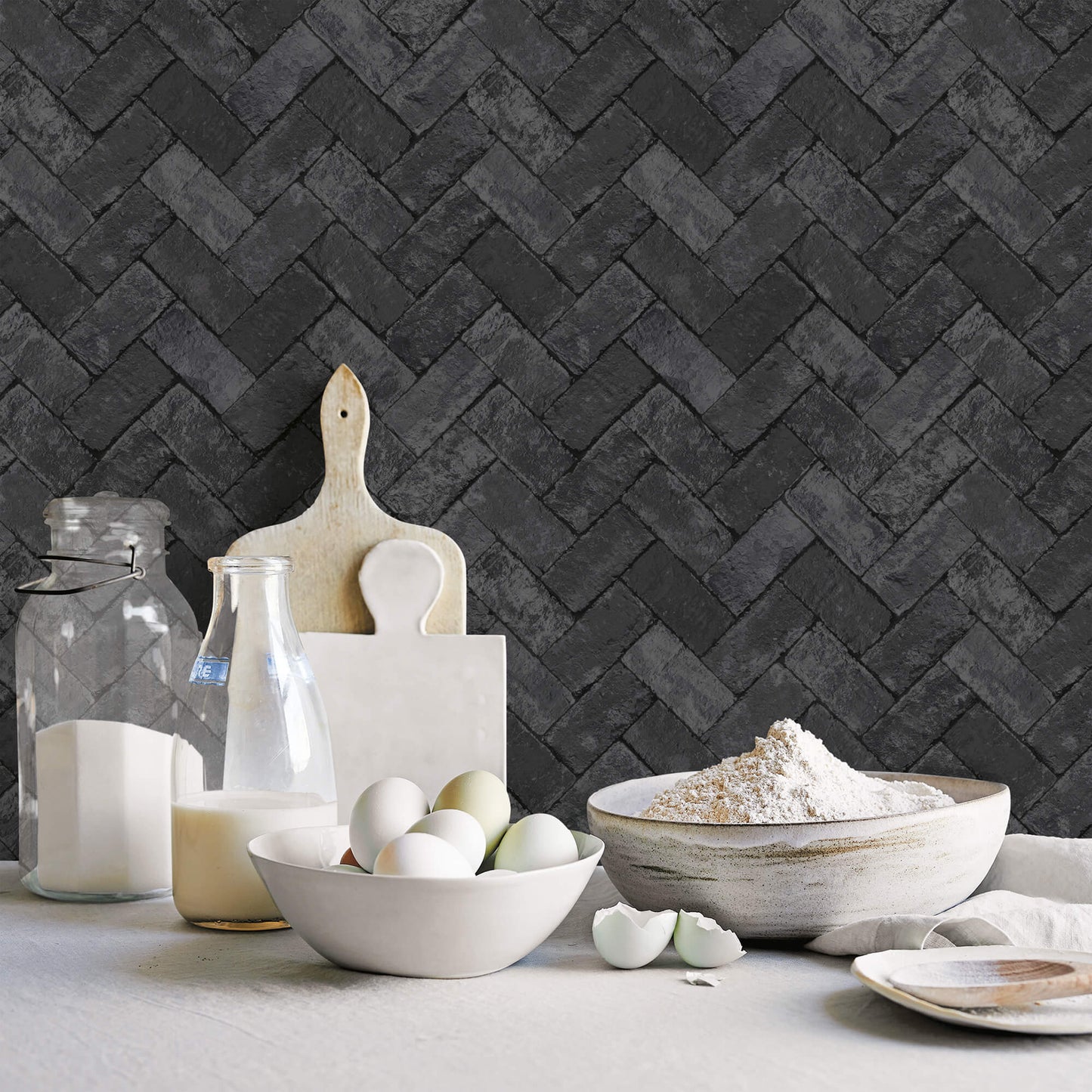 Herringbone Brick Black Wallpaper from the Just Kitchens Collection by Galerie Wallcoverings