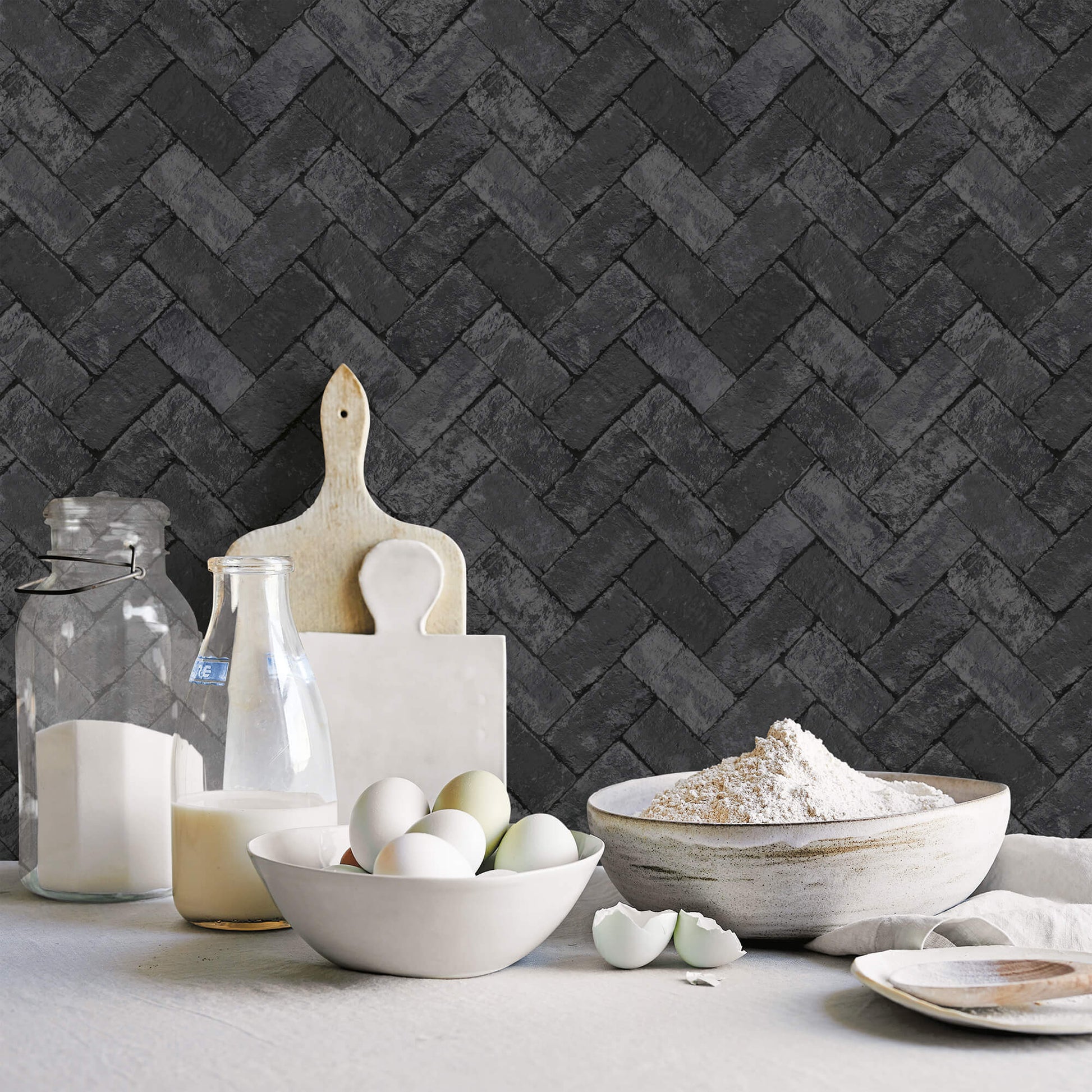 Herringbone Brick Black Wallpaper from the Just Kitchens Collection by Galerie Wallcoverings