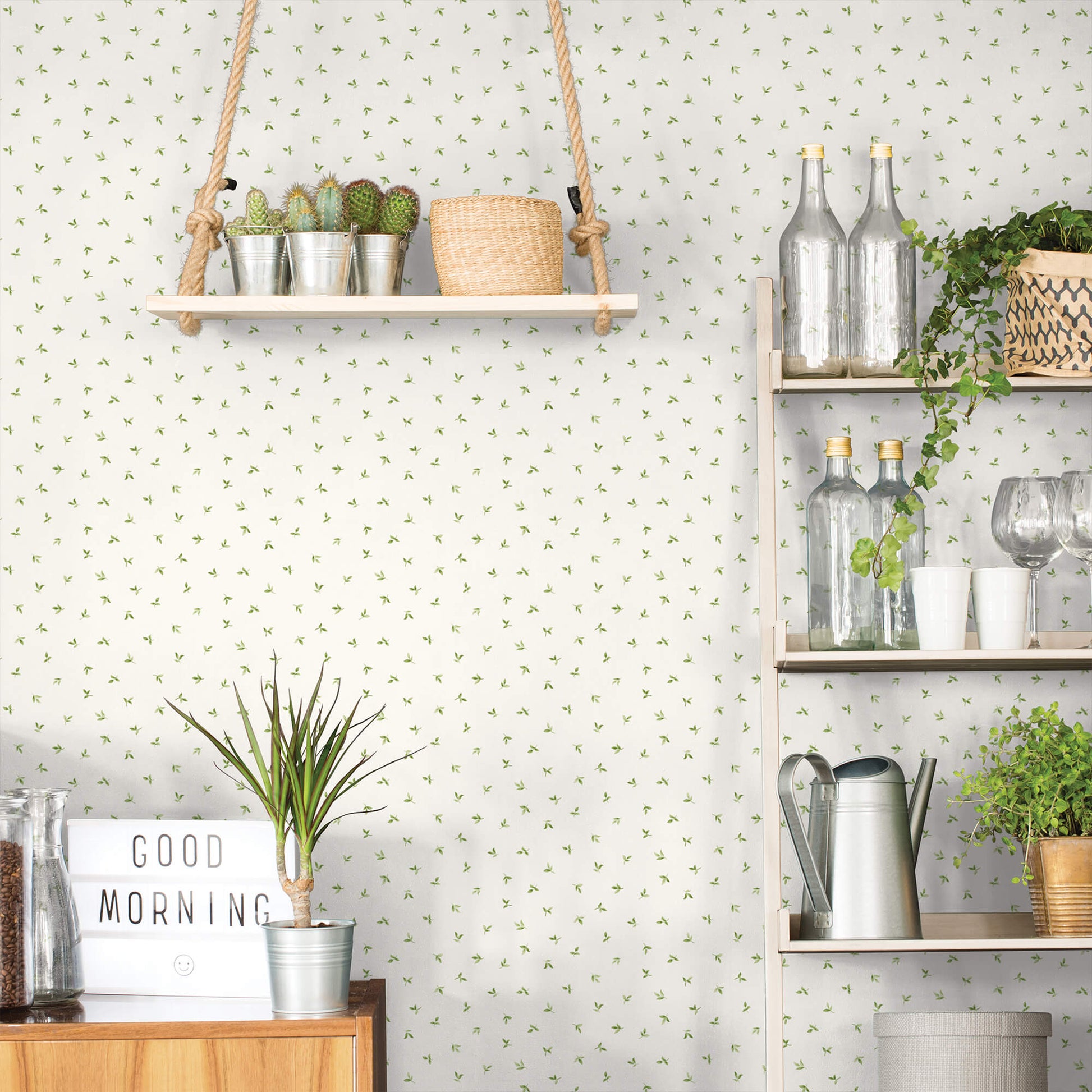 Leaf Toss Green/White Wallpaper from the Just Kitchens Collection by Galerie Wallcoverings