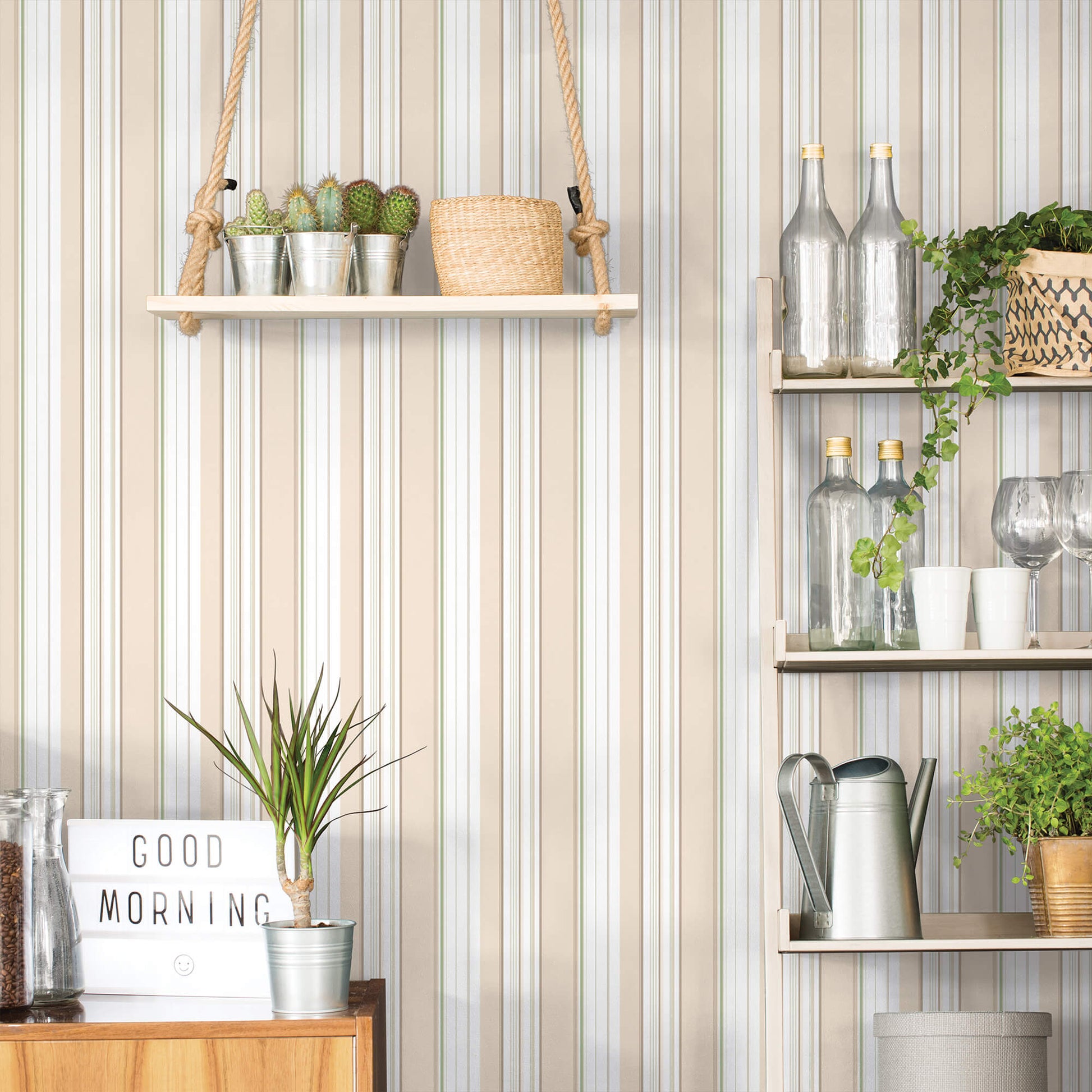 Multi Stripe Taupe/Green Wallpaper from the Just Kitchens Collection by Galerie Wallcoverings