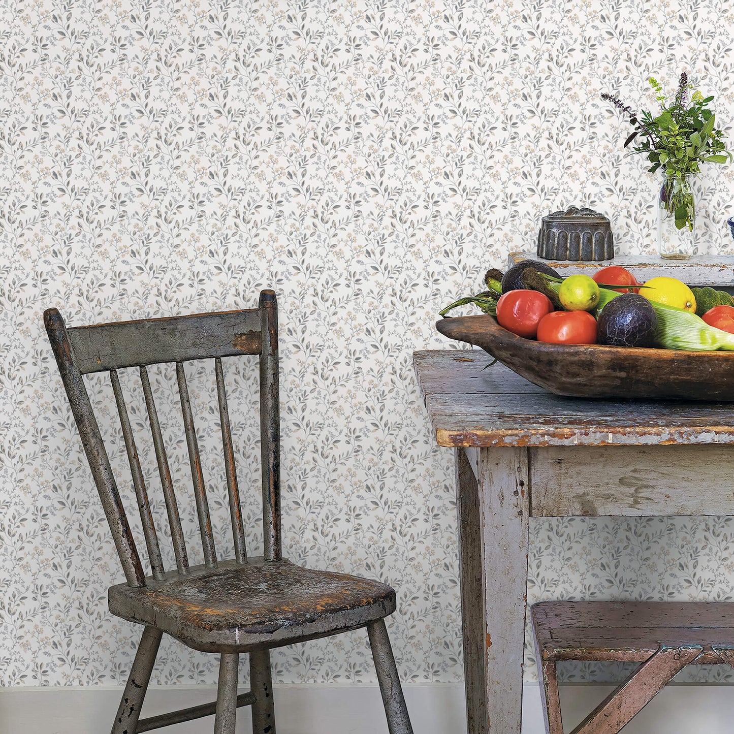 Spring Leaf Trail Grey/Beige Wallpaper from the Just Kitchens Collection by Galerie Wallcoverings